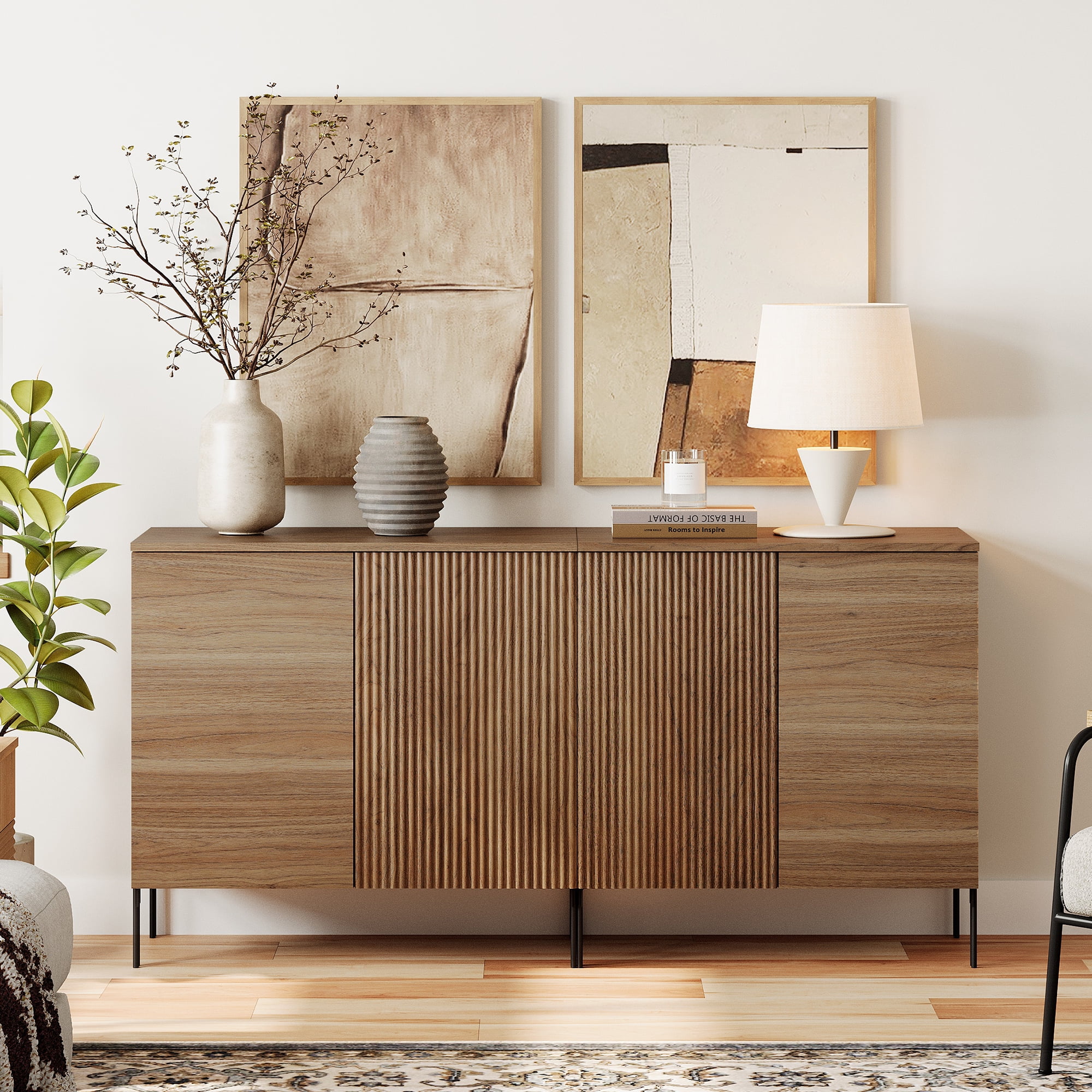63" Reeded Accent Cabinet Set with Adjustable Shelves, Modern Credenza Storage Cabinet with Doors for Living Room, Kitchen, Dining Room, Hallway