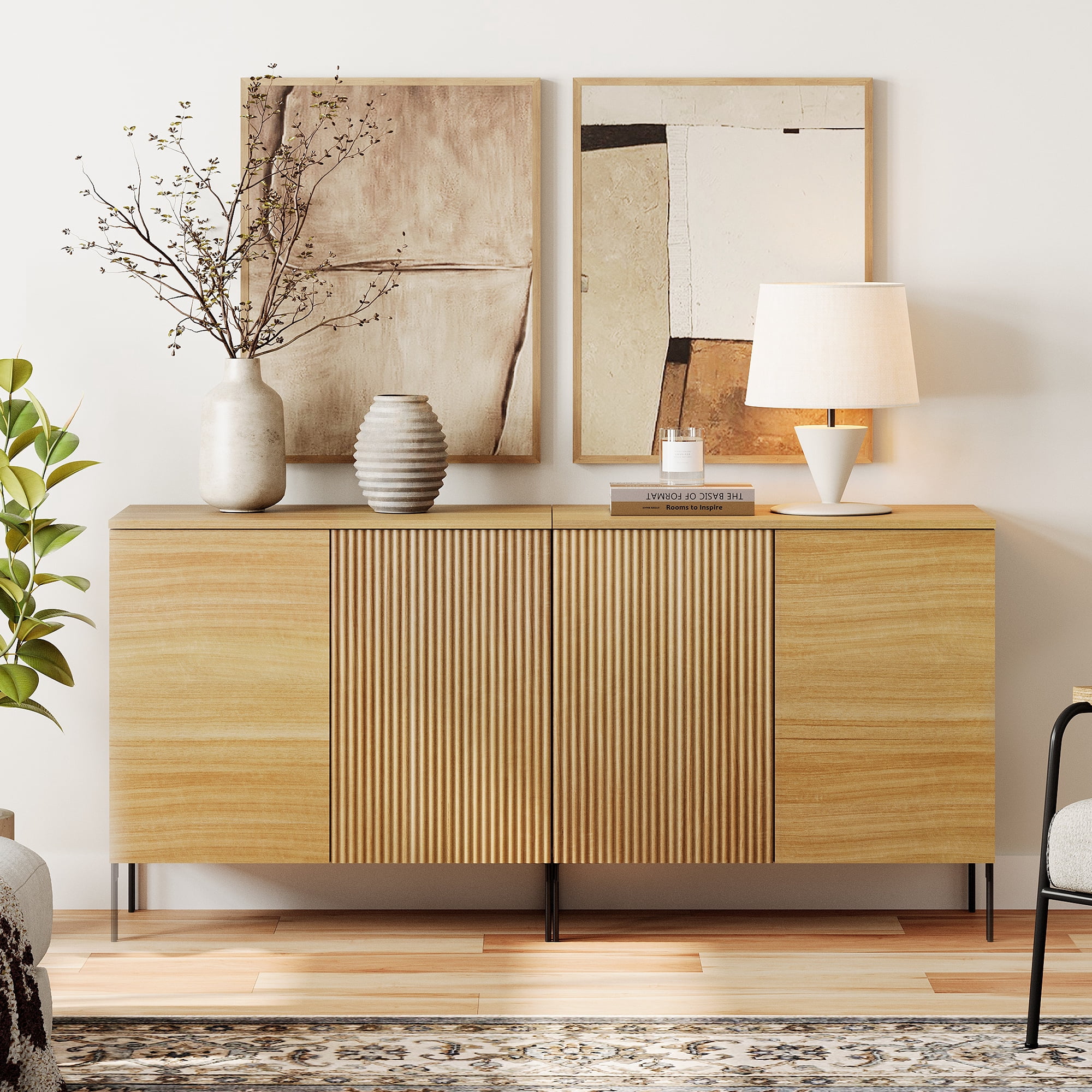 63" Reeded Accent Cabinet Set with Adjustable Shelves, Modern Credenza Storage Cabinet with Doors for Living Room, Kitchen, Dining Room, Hallway