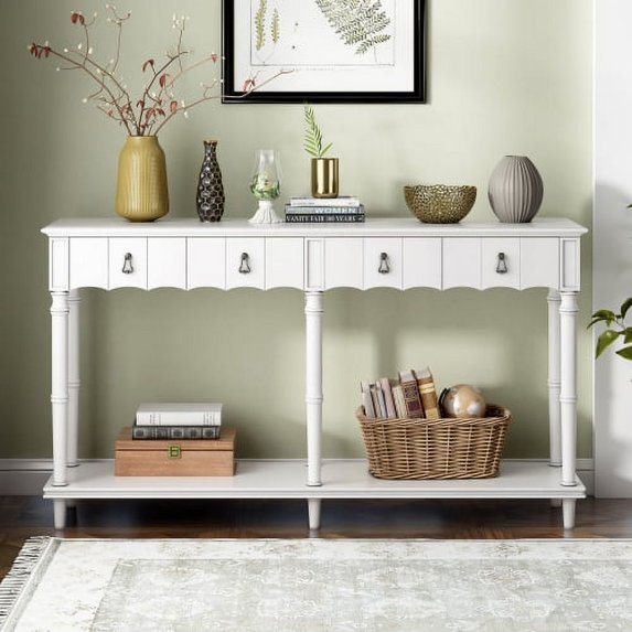 63" Retro Console Table Sofa Table, Entryway Table with 4 Front Facing Storage Drawerrs and 1 Shelf, Solid Wood Side Tables, Wood Slim Sofa Tablefor Living Room/Bedroom/Hall, Antique White