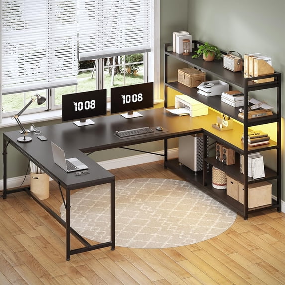 63" Reversible U Shaped Computer Desk with 5-tier Bookshelf,Home Office Desk with LED Lights