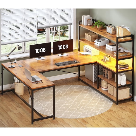 63" Reversible U Shaped Computer Desk with 5-tier Bookshelf,Home Office Desk with LED Lights