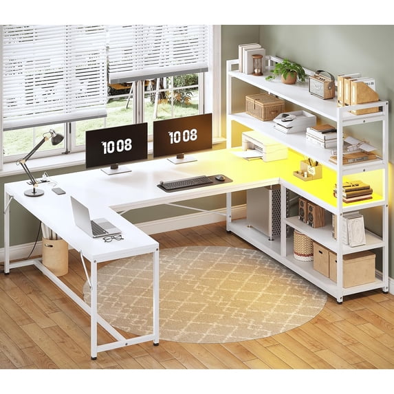 63" Reversible U Shaped Computer Desk with 5-tier Bookshelf,Home Office Desk with LED Lights