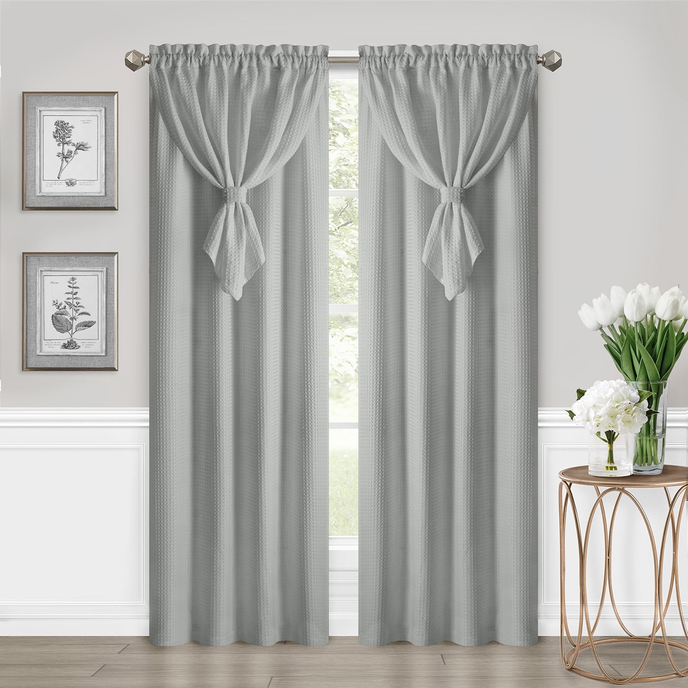 Gray Polyester Light Filtering Curtain Panel with Attached Valance, 42" x 63"