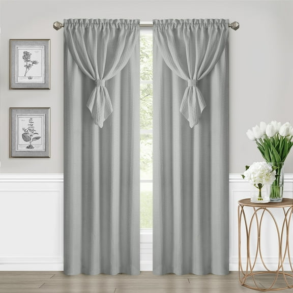 63" Rod Pocket Panel with Attached Valance All-In-One Neutral Texture Home Curtains for Elegance, Grey