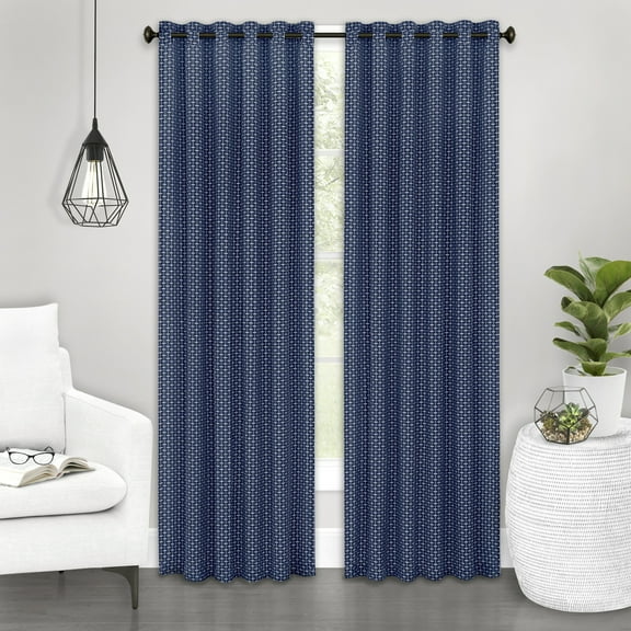 63" Rod Pocket Panel with Attached Valance All-In-One Neutral Texture Home Curtains for Elegance, Navy