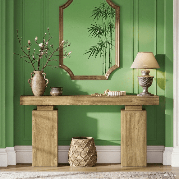 63" Rustic Console Table, Farmhouse Entryway Table with Dual Square Legs, Long Sofa Table for Entryway Hallway Living Room, Natural Wood Finish