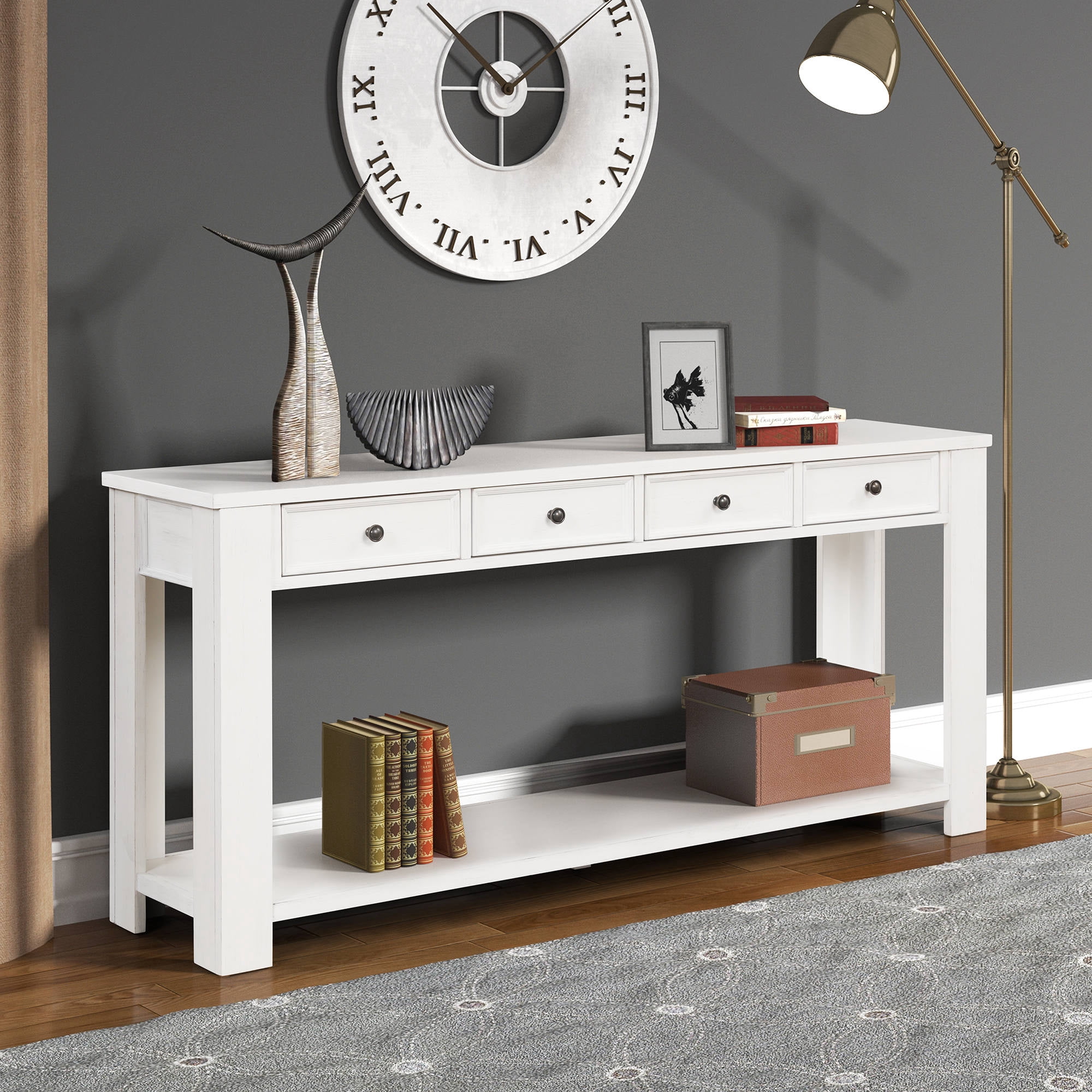 63" Rustic Entry Console Table, Sofa Side Long Table with 4 Storage Drawers and Bottom Shelf ...