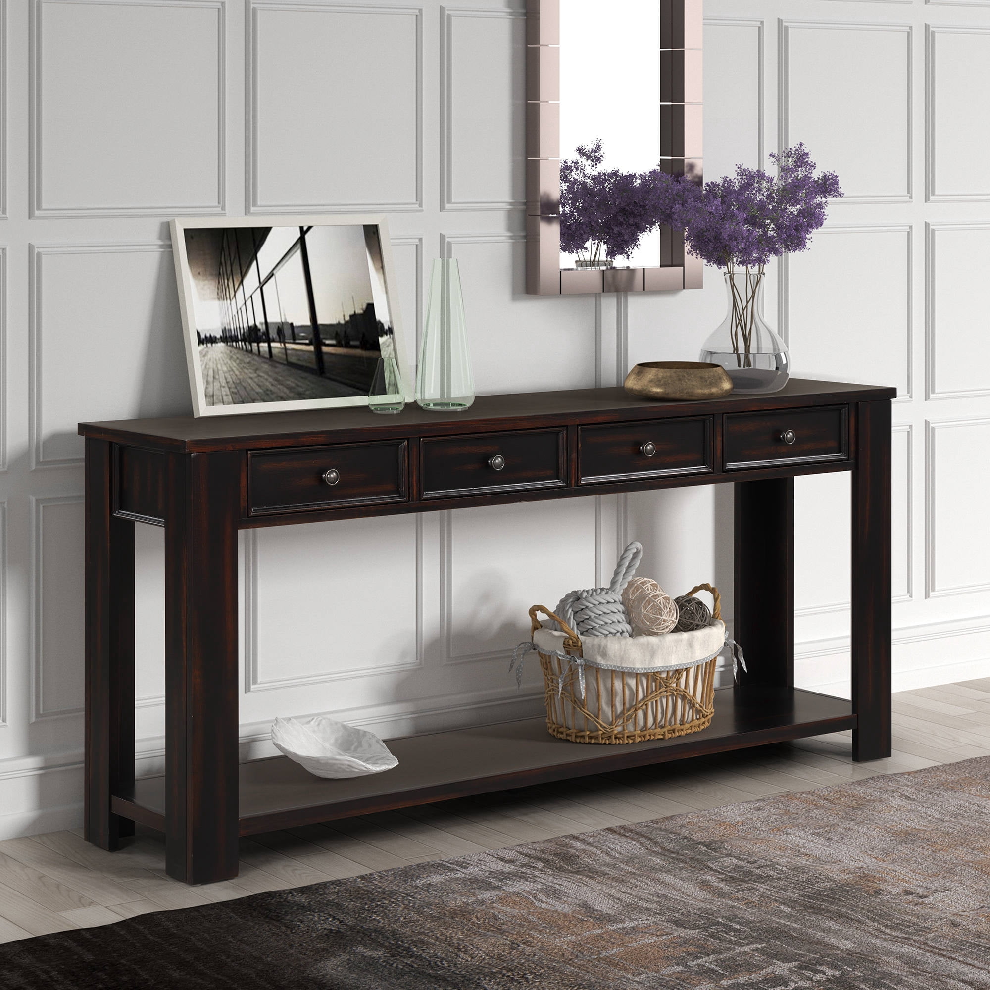 63" Rustic Entry Console Table, Sofa Side Long Table with 4 Storage Drawers and Bottom Shelf ...