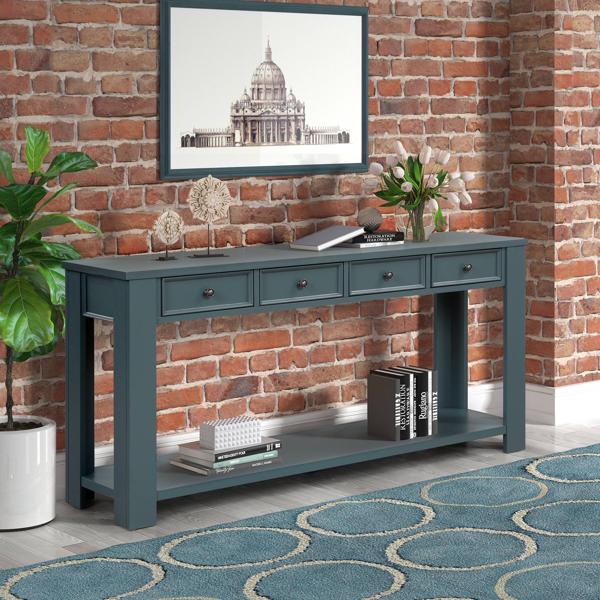 63" Rustic Entry Console Table, Sofa Side Long Table with 4 Storage Drawers and Bottom Shelf ...