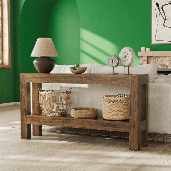 63" Rustic Farmhouse Console Table - 2-Tier Storage Shelves, Rich Brown Wood Grain, Sturdy MDF, Narrow Design for Entryway, Hallway, Living Room, Sofa Side