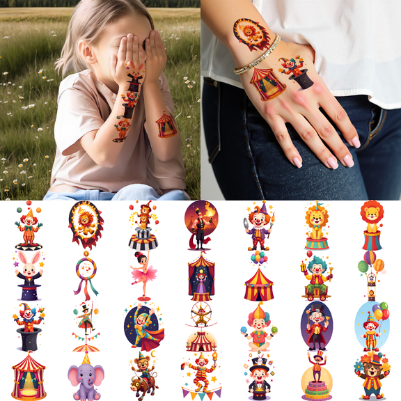 63 Sheets Temporary Tattoo Stickers Waterproof Long Lasting Body Stickers Circus Clown Animal Juggling Adults Men Women Kids Boys Girls Tattoo Stickers Arm Arms Shoulder Cheek
