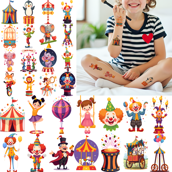 63 Sheets Temporary Tattoos, Waterproof Long Lasting Body Stickers Circus Clown Animal Juggling Adult Men Women Kids Boys Girls Tattoo Stickers Arm Arms Shoulder Cheek Face