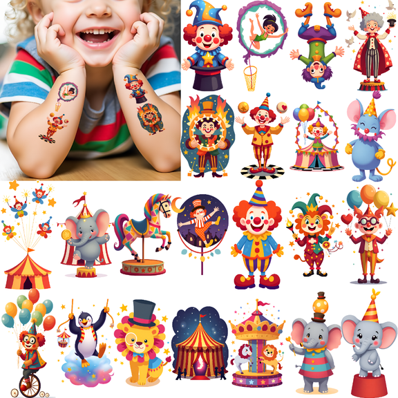 63 Sheets Temporary Tattoos Waterproof Long Lasting Body Stickers Circus Clown Animal Juggling Adult Men Women Kids Boys Girls Tattoo Stickers Arm Forearm Shoulder Cheek