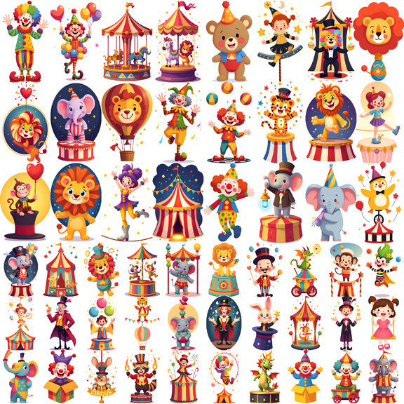 63 Sheets Temporary Tattoos, Waterproof Long Lasting Body Stickers Circus Clown Animals Juggling Adults Men Women Kids Boys Girls Tattoo Stickers Arm Arms Shoulder Cheeks