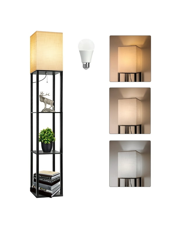 63" Shelf Floor Lamps with Shelves for Living Room Bedroom Office AVV Wood Modern Standing Lamps Black