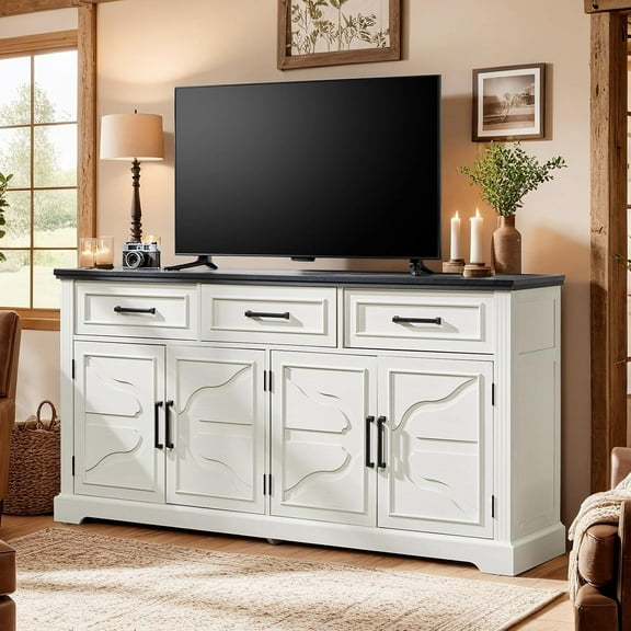 63" Sideboard Buffet Cabinet with 3 Drawers and 4 Doors, Farmhouse Console Table with Adjustable Shelf, Coffee Bar Cabinet for Dining Room, Living Room, White