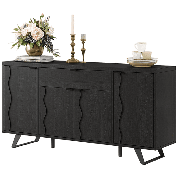 63" Sideboard Buffet Cabinet, Kitchen Buffet Storage Cabinet, Mid Century Modern Storage Cabinet with 4 Doors & Shelves, Wood Coffee Bar Console Wine Bar for Living Room, Kitchen,Hallway,Black