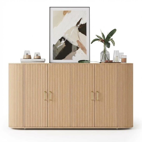 63" Sideboard Buffet Cabinet - Large Storage Buffet Cabinet with 4 Fold Doors for Dining Room, Kitchen, Living Room & Bedroom - Oak