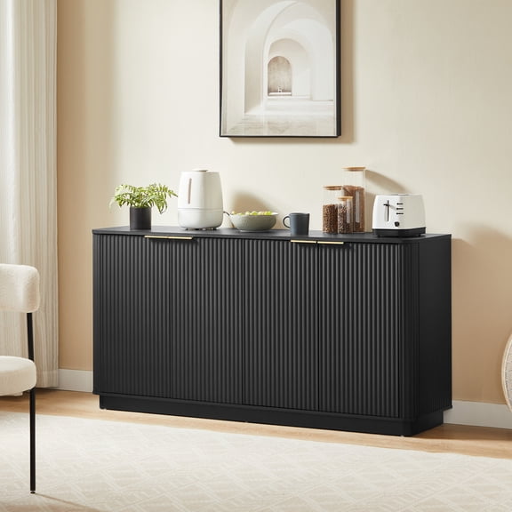 63" Sideboard Buffet Cabinet with Storage, Modern 4-Door Buffet Table with Curved wave Design, Large Coffee Bar Cabinet for Dining Room, TV Stand,Kitchen, Entryway, Black