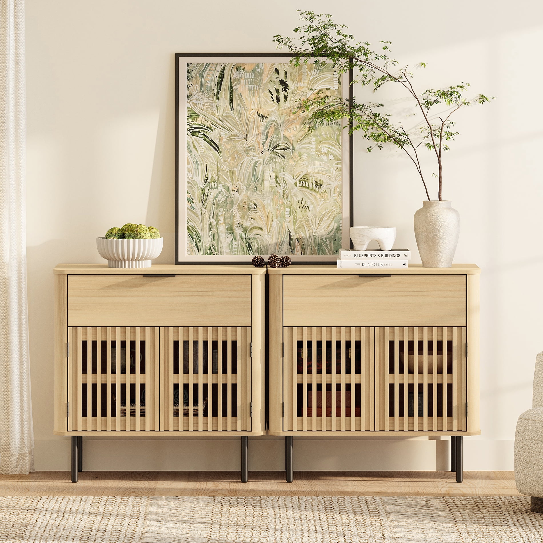63" Sideboard Buffet Cabinet with Storage - Mid Century Modern Accent Coffee Bar for Dinning Room, Living Room, Entryway, Oak