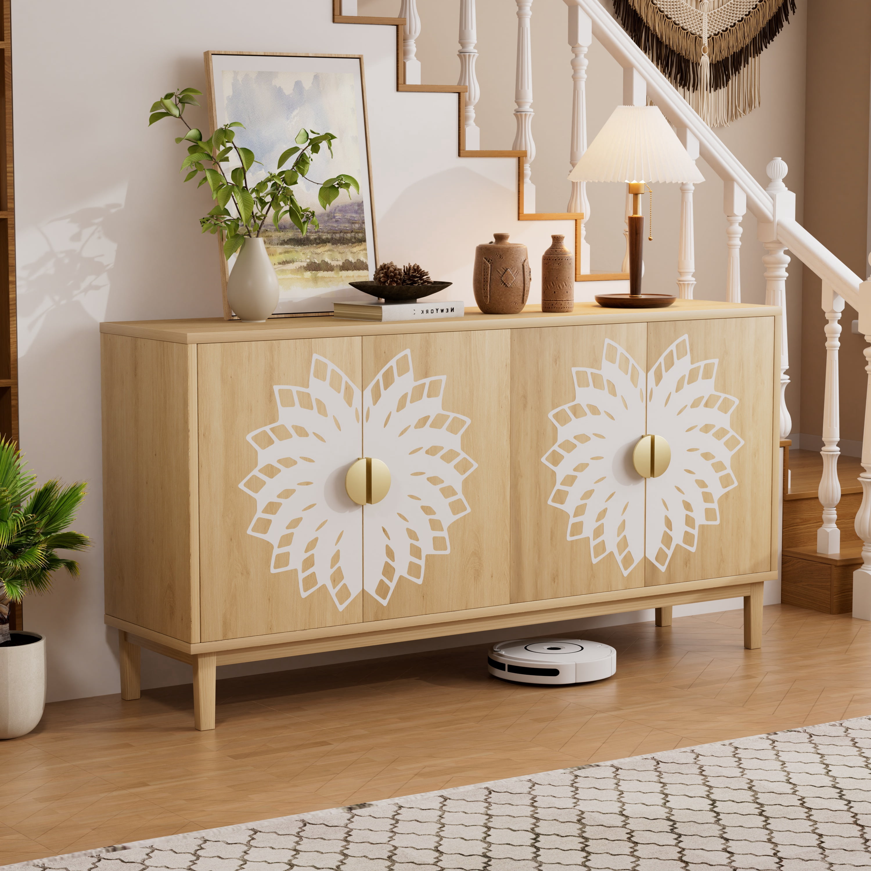 63"Sideboard/Dining Room Cabinet,Vintage-Style Decorative Storage Cabinet with Carved Doors,a Multifunctional Sideboard Ideal for Storage in Entryways,Living Rooms and Dining Rooms,63"L*15.7"W*32.7"H
