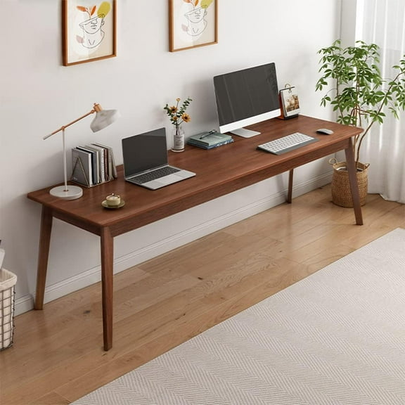 63" Simple Modern Extra Long 2-Person Wood Computer Workstation for Home Office Work in Walnut, 63" W x 20" D