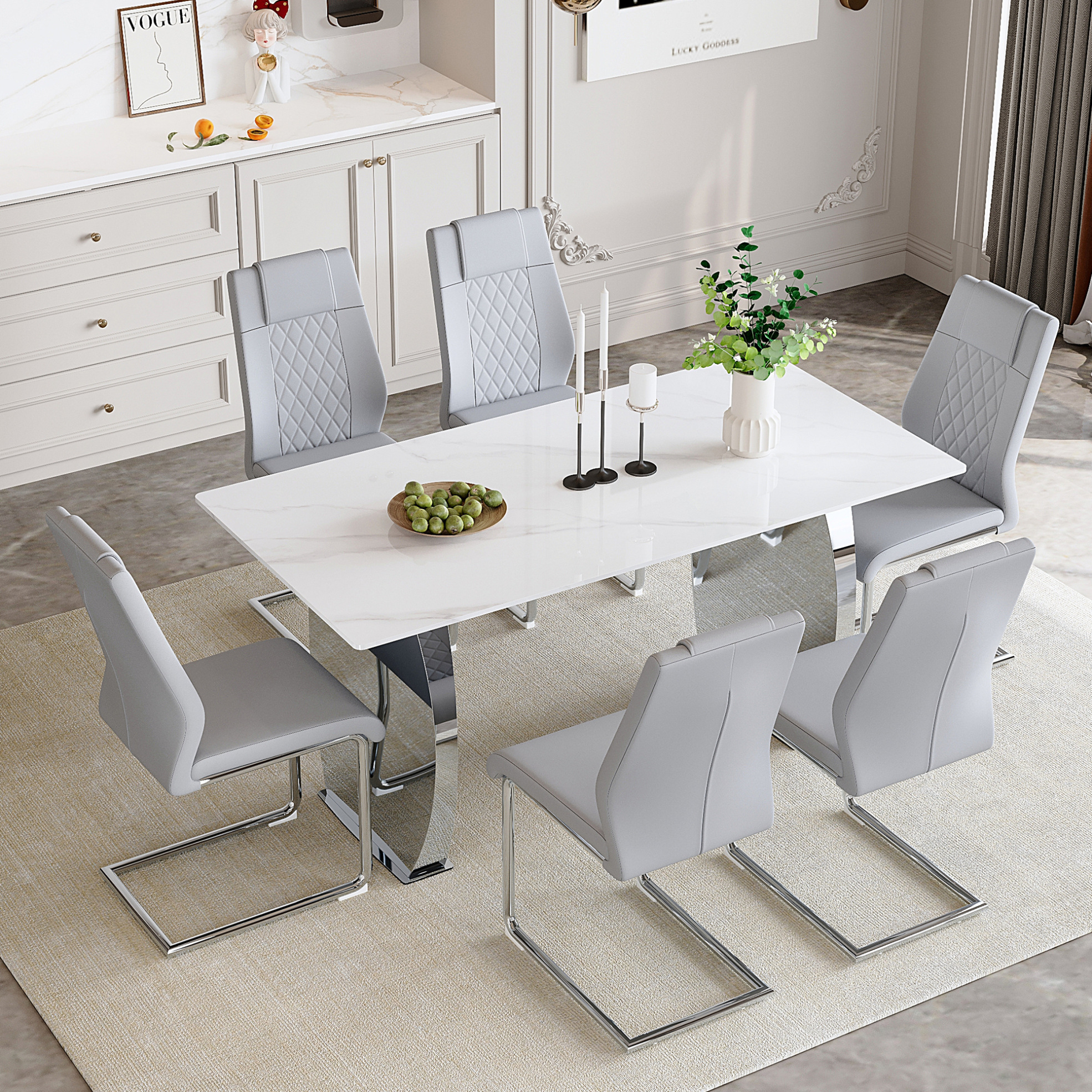63" Sintered Stone Dining Table Set for 6, Modern Kitchen Table with 6 ...