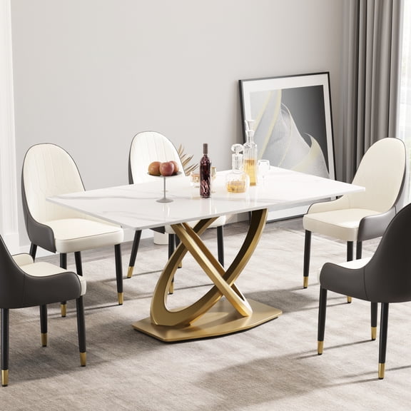 63" Sintered Stone Table - White, Double Metal Legs, Accommodates 6-8 Guests Dining White Stone, Person Capacity