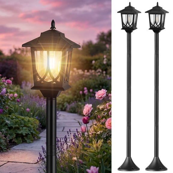 63" Solar Lamp Post Light 2 Pack,  Waterproof Outdoor Garden Lights, Adjustable Height, Warm White, Replaceable Bulb