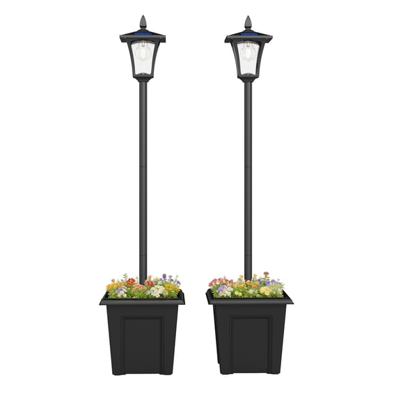 63" Solar Lamp Post Lights 2 Pack, Black - Waterproof LED Outdoor Lights with Planter