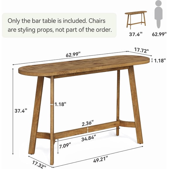63" Solid Wood Bar Table, Rustic Oval Pub Height Table with Footrest for Kitchen Dining Room Living Room Home Bar