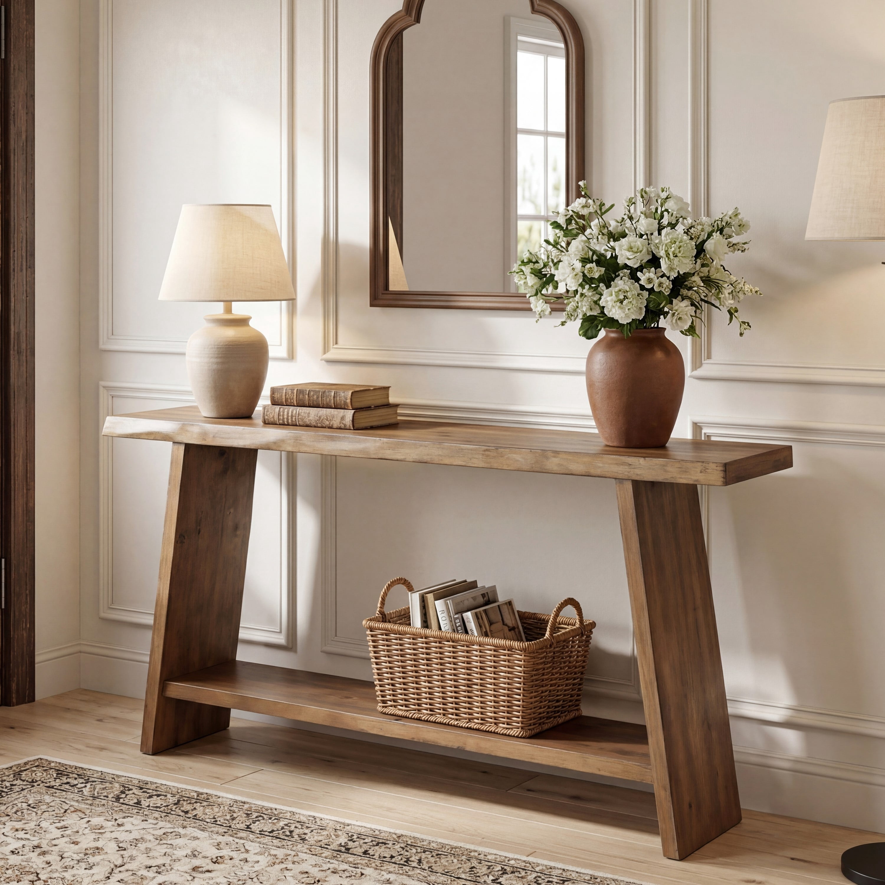 63" Solid Wood Console Table with 2-Tier Storage, Narrow Entryway Table, Slim Sofa Table for Hallway, Living Room, Foyer, Brown