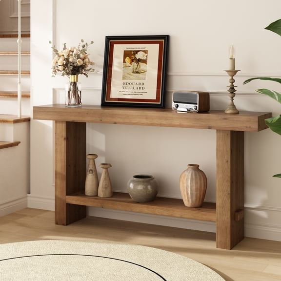 63'' Solid Wood Narrow Console Table with Storage Shelf, Long Entryway Table Behind Couch for Living Room Hallway, Oak Brown