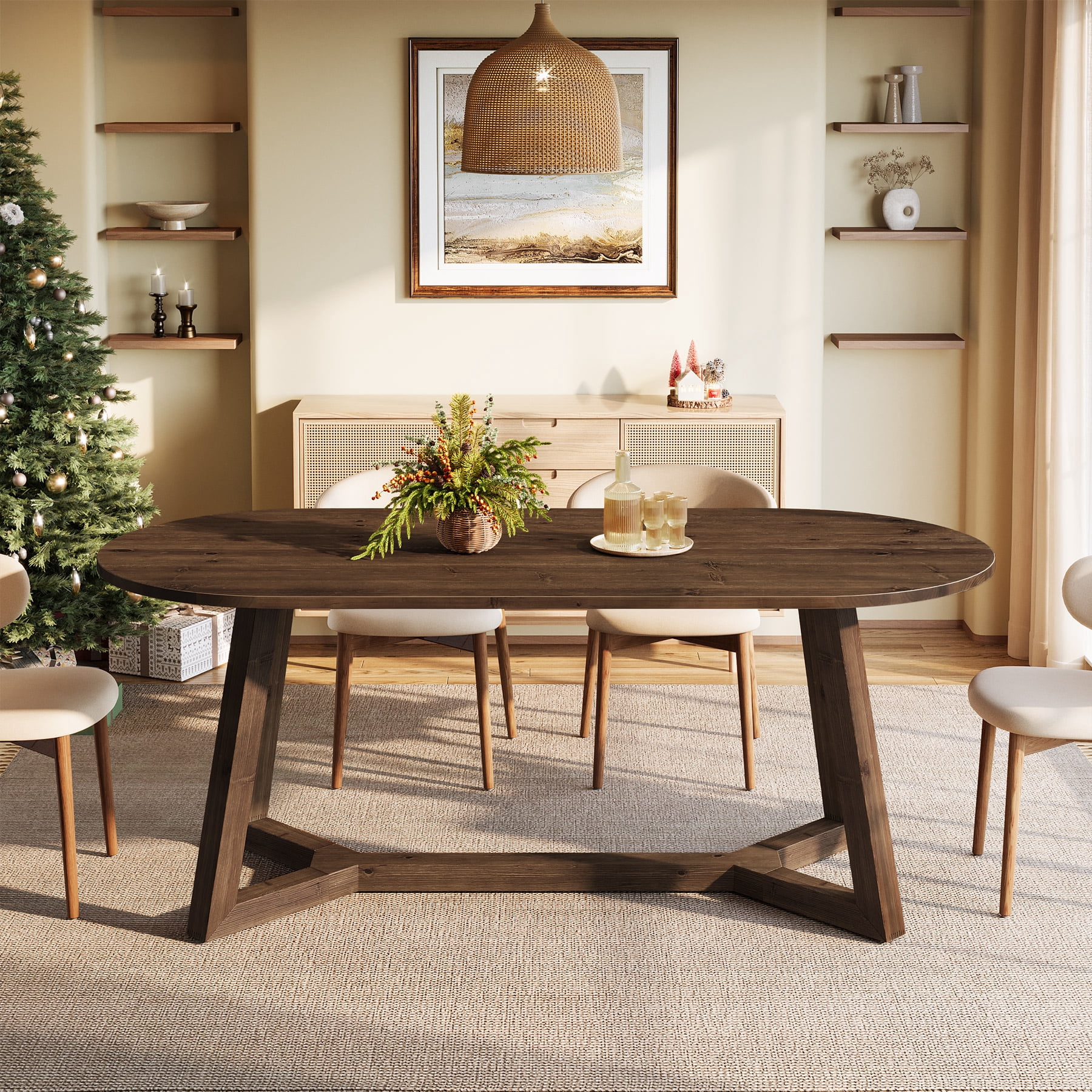 63" Solid Wood Oval Dining Table, Farmhouse Kitchen Table for 4-6 ...