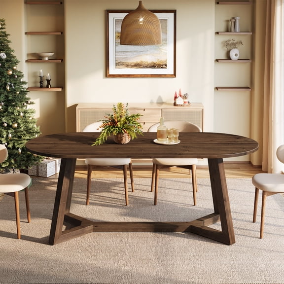 63" Solid Wood Oval Dining Table, Farmhouse Kitchen Table for 4-6, Rustic Wooden Table with Sturdy Base for Dining Room, Living Room & Apartment