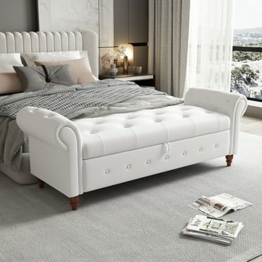63" Storage Bench, Modern Tufted Button Storage Ottoman with Rolled Arms, Multifunction Upholstered Long Ottoman Bench, Bed End Bed Bench for Bedroom Living Room, Cream White