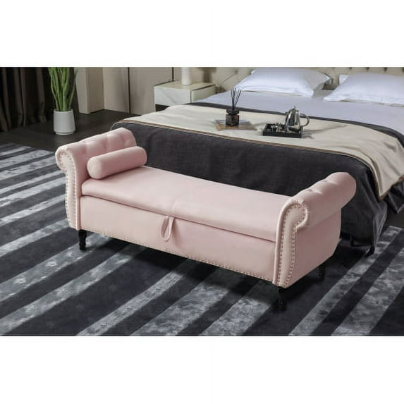 63" Storage Bench Ottoman, Velvet Multifunctional Rectangular Sofa Stool Buttons Tufted with Nailhead Trimmed & Solid Wood Legs & One Pillow, Bed Bench for Bedroom Living Room Entryway, Light Pink