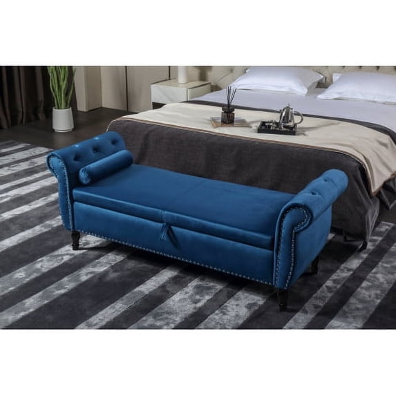 63" Storage Bench Ottoman, Velvet Multifunctional Rectangular Sofa Stool Buttons Tufted with Nailhead Trimmed & Solid Wood Legs & One Pillow, Bed Bench for Bedroom Living Room Entryway, Blue