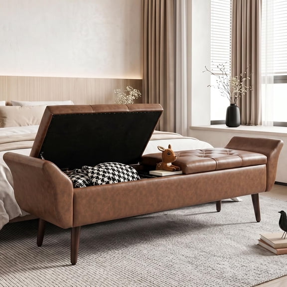 63" Storage End of Bed Bench, Upholstered Bedroom Bench with 65 L Double Door Flip Top Storage, Entryway Shoe Bench