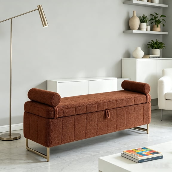 63" Storage Ottoman Bench for Bedroom, Storage Bench King Size with Zippered Pockets, Ottoman Bench with Removable Pillows & Gold Legs for Bedroom, Entryway, Living Room, Teddy Brown