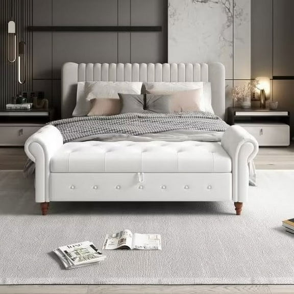 63" Storage Ottoman Bench, End of Bed Button Tufted Ottoman Bench, Rolled Armed Ottoman Couch Long Bench for Bedroom, Living Room, End of Bed, Hallway, CREAM WHITE
