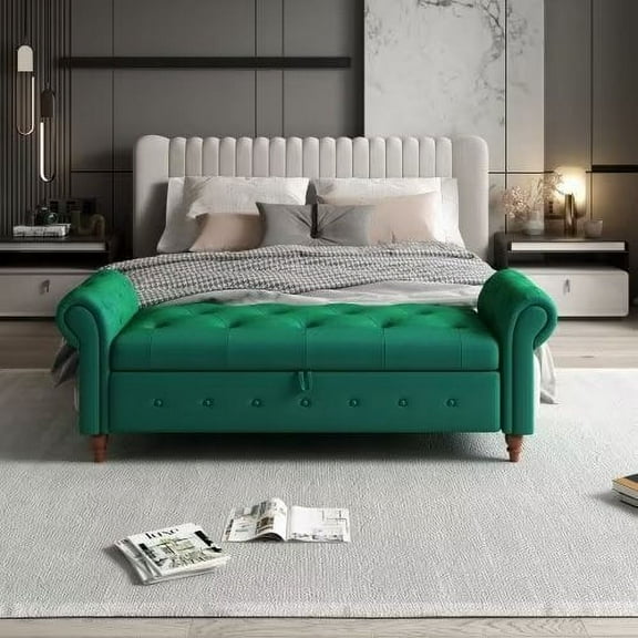 63" Storage Ottoman Bench, End of Bed Button Tufted Ottoman Bench, Rolled Armed Ottoman Couch Long Bench for Bedroom, Living Room, End of Bed, Hallway, DARK GREEN