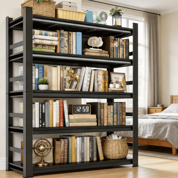 72''Storage Shelves, 5-Tier Garage Metal Shelving Unit, Adjustable, Double-Layer Column with Reinforced Ribs, Heavy-Duty, Capable of Bearing 3000 lbs, Suitable for Garage, Warehouse, Kitchen Storage