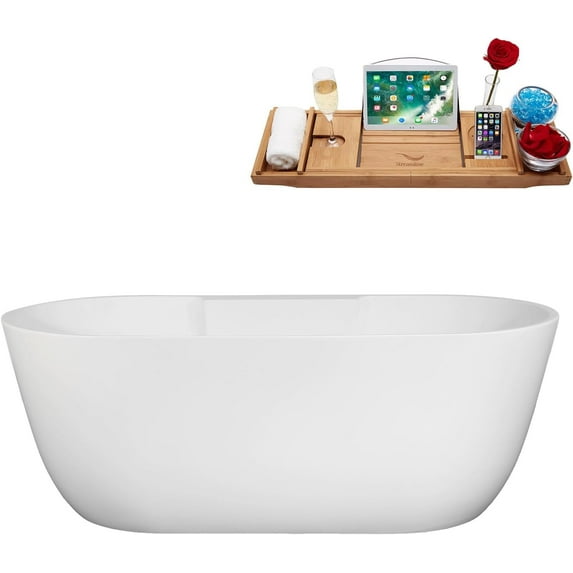 63" Streamline B-236-30-WH Soaking Freestanding Tub and Tray With Internal Drain in Glossy White