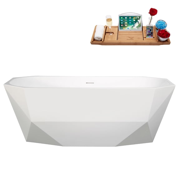 63" Streamline B-504-232-GLD Soaking Glossy White Freestanding Tub and Tray With Internal Drain in Polished Gold