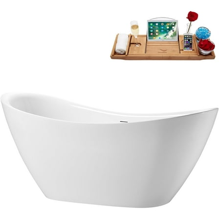 63" Streamline G-108-396-BBR Soaking Glossy White Freestanding Tub With Internal Drain in Brushed Brass