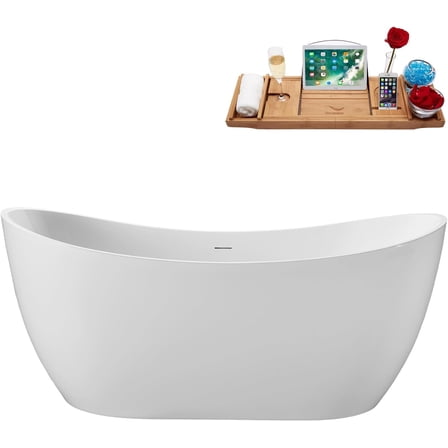 63" Streamline G-112-407-BBR Soaking Glossy White Freestanding Tub With Internal Drain in Brushed Brass