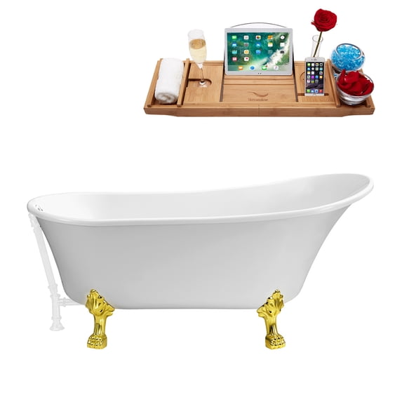 63" Streamline N342GLD-WH Soaking Clawfoot Tub and Tray With External Drain