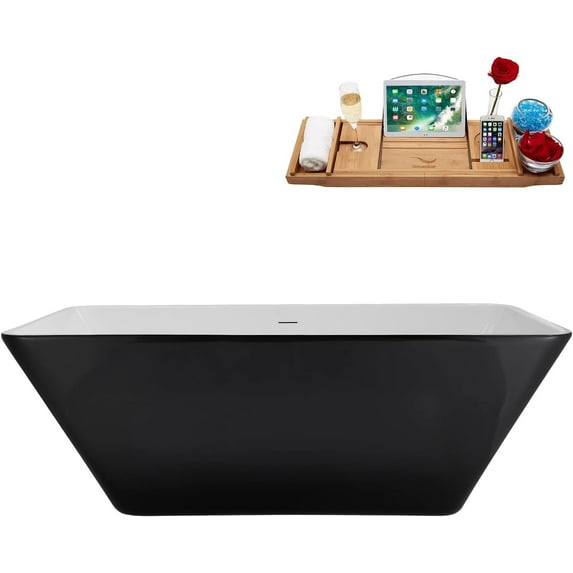 63" Streamline NB6960ORB Soaking Glossy Black Freestanding Tub and Tray With Internal Drain in Matte Oil Rubbed Bronze