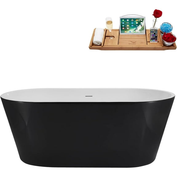 63" Streamline NS7100CH Soaking Matte White Stone Resin Freestanding Tub and Tray With Internal Drain in Polished Chrome